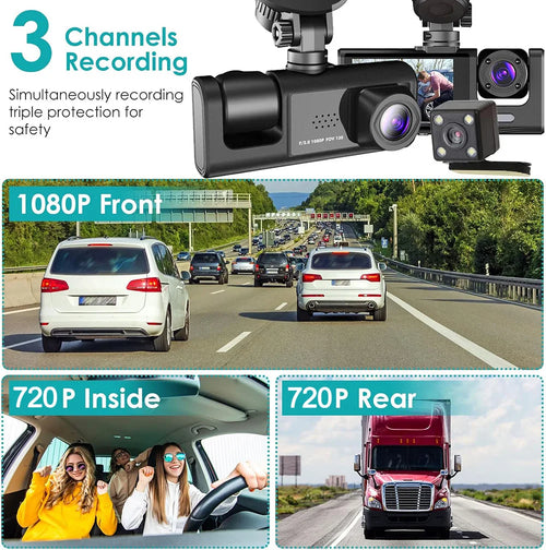 1080P 3-Channel Dash Cam - Front, Inside & Rear
